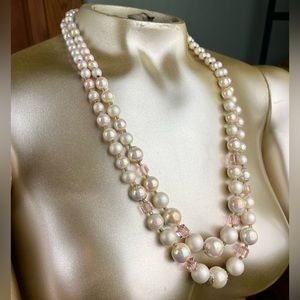 Vintage Faux Pearl Double Strand Graduated Pink Iridescent Beaded Necklace